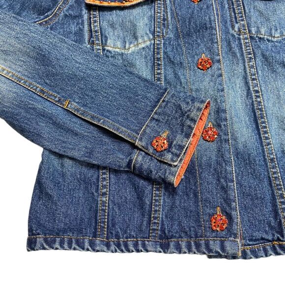 Vintage Bohemian Orange Jewel Button Blue Denim Trucker Jacket Sz S - Picture 13 of 16